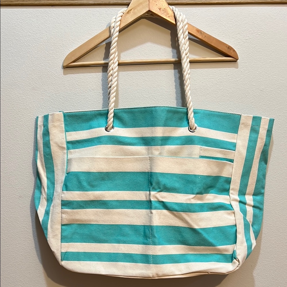 Striped Teal and White Canvas Beach Tote Bag